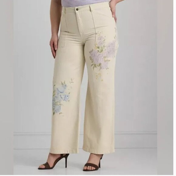 NEW Lauren Ralph Lauren Women's 22W Plus Size Floral Wide-Leg Jean Mascarpone - Picture 1 of 10